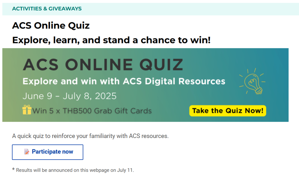 ขอเชิญร่วมกิจกรรมตอบคำถามลุ้นรับของรางวัลจาก ACS Publications ลุ้นรับ Grab Gift Cards มูลค่า 500 บาท จำนวน 5 รางวัล