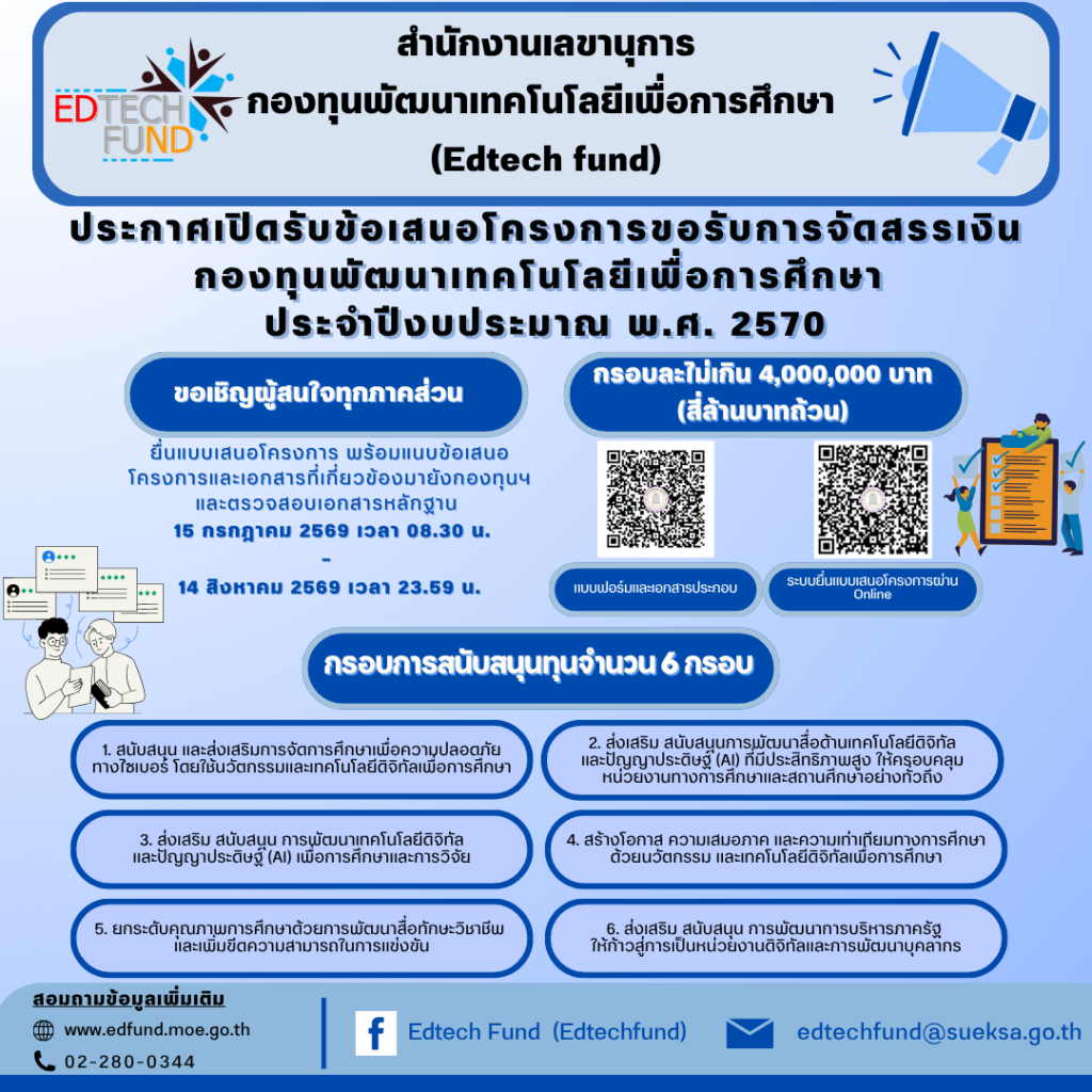 📢ประกาศเปิดรับข้อเสนอโครงการเพื่อขอรับการสนับสนุนงบประมาณจาก กองทุนพัฒนาเทคโนโลยีเพื่อการศึกษา ประจำปีงบประมาณ พ.ศ. 2570