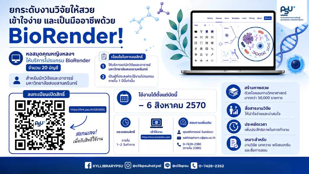 หอสมุดคุณหญิงหลงฯ ให้บริการโปรแกรม BioRender จำนวน 20 บัญชี สำหรับนักวิจัยและอาจารย์ มหาวิทยาลัยสงขลานครินทร์